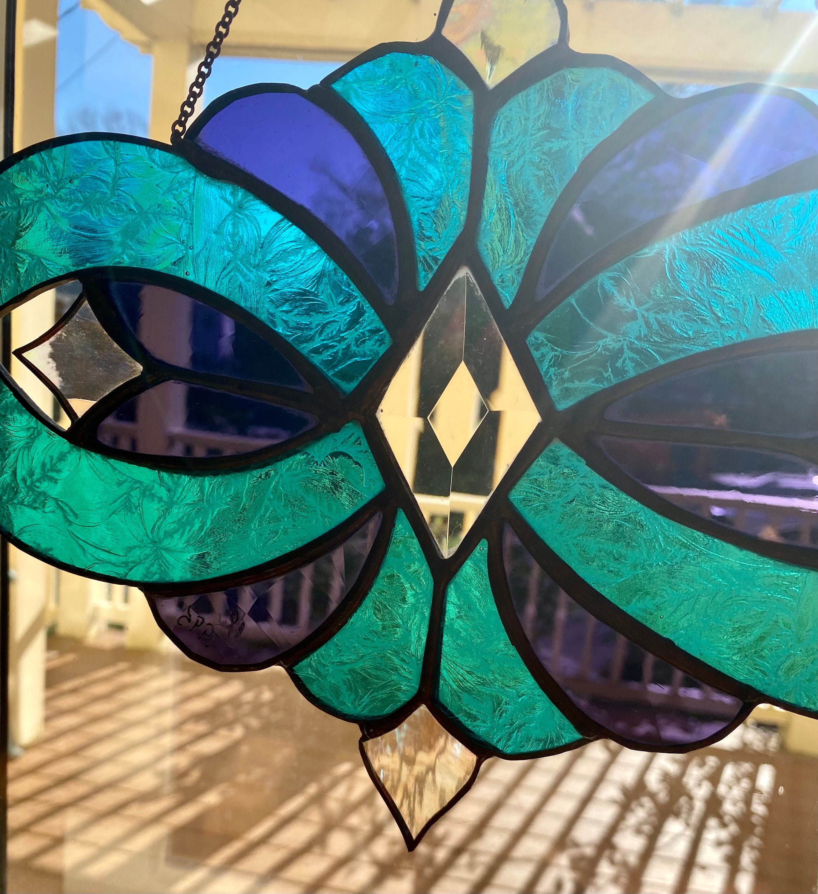 Vintage Stained Glass Wall Hanging Panel Blue Turquoise and Etsy