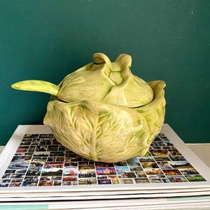 Covered Cabbage Bowl With Ladle Holland Mold Cabbage 3 Piece Set Majolica Bowl  Serving Bowl Figural Pottery Lettuce Ware Bowl