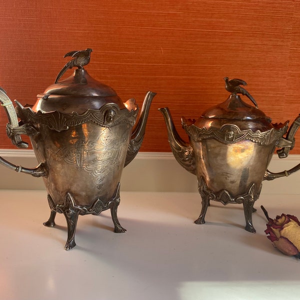 Antique Silver Rogers Smith & Co. New Haven Conn 1880 Footed Teapot And Coffeepot With Hinged Lids Art Deco 1860s