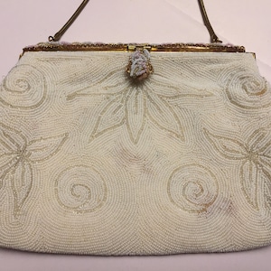 Antique Ivory French Beaded Evening Purse Art Deco Handmade Signed