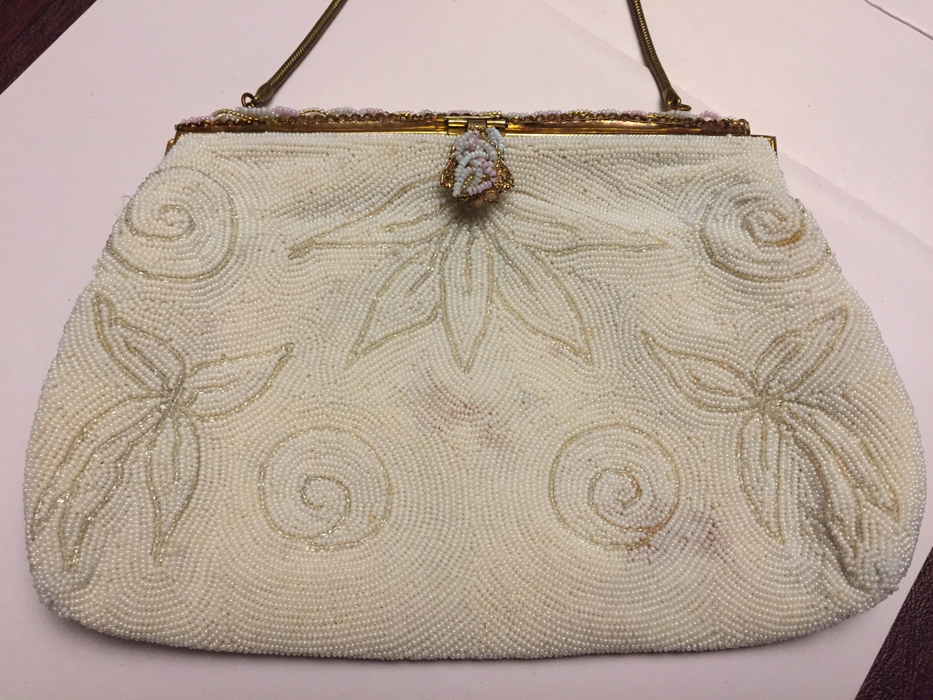 Antique Ivory French Beaded Evening Purse Art Deco Handmade Signed