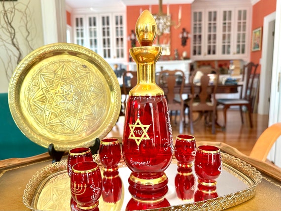 Vintage Venetian Ruby Red Glass Kiddush Set: 24kt Gold Judaica