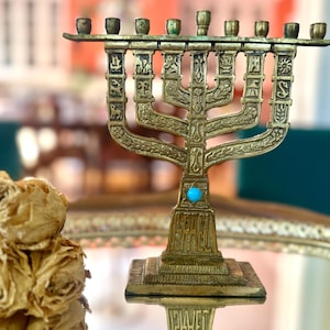 Vintage Brass Hanukkah Menorah: Footed Judaica Candelabra with Blue Stone