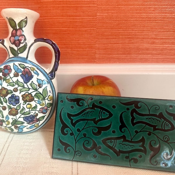 Handpainted Colorful Armenian Jerusalem Flask And Fish Tile Wall Plaque Vintage Israel Pottery Clay Balian Ceramics Holy Land Souvenirs