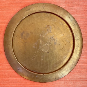Solid Brass Round Tray Charger Platter Midcentury Etched Brass Asian Lady Dancer Beautiful Vintage
