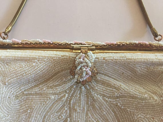 Antique Ivory French Beaded Evening Purse Art Deco Handmade Signed