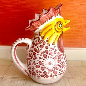 Large Italian Hand Painted Deruta Ceramic Vintage Rooster Pitcher Pink And Yellow 48oz