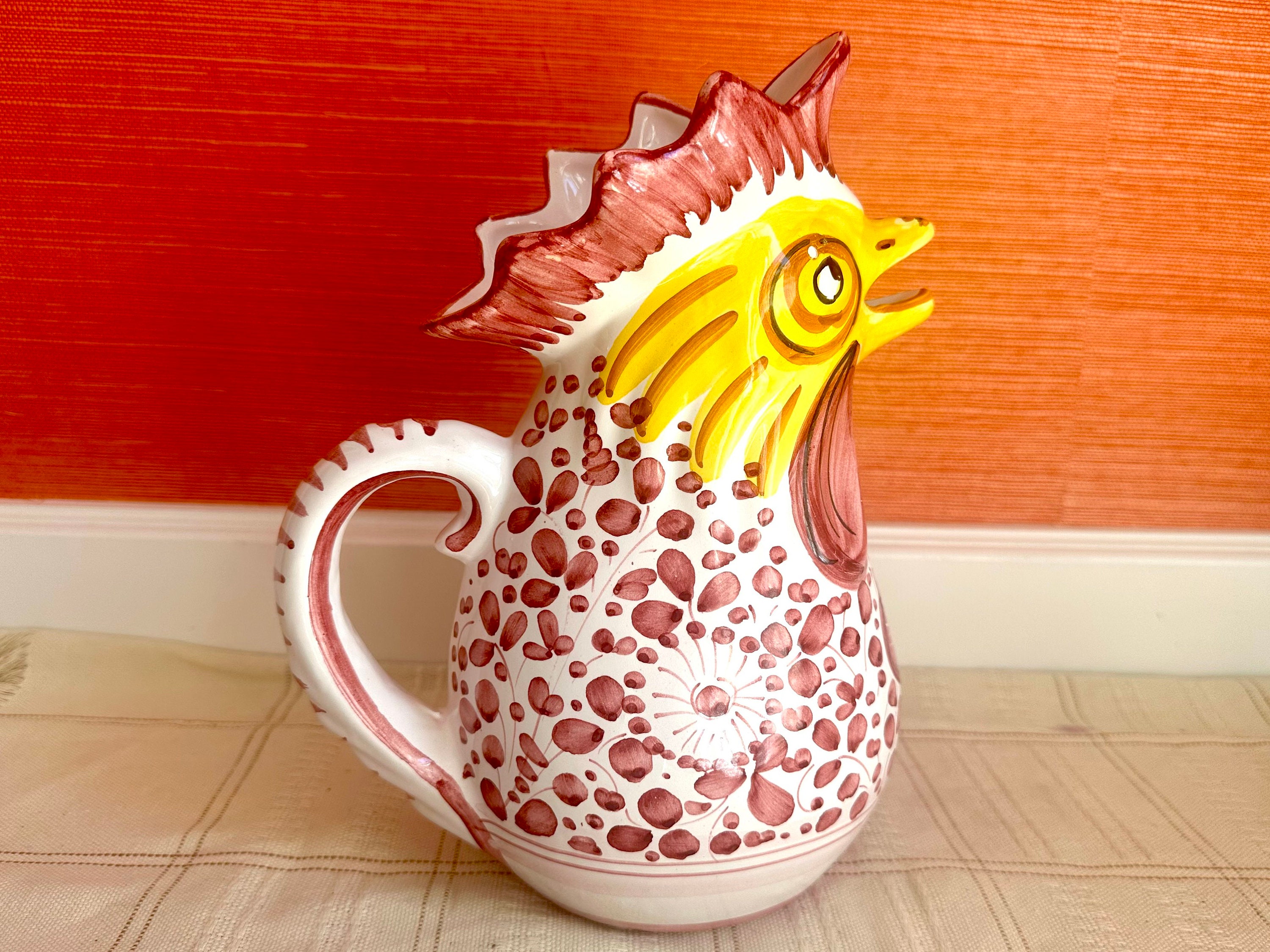 Large Italian Hand Painted Deruta Ceramic Vintage Rooster Pitcher
