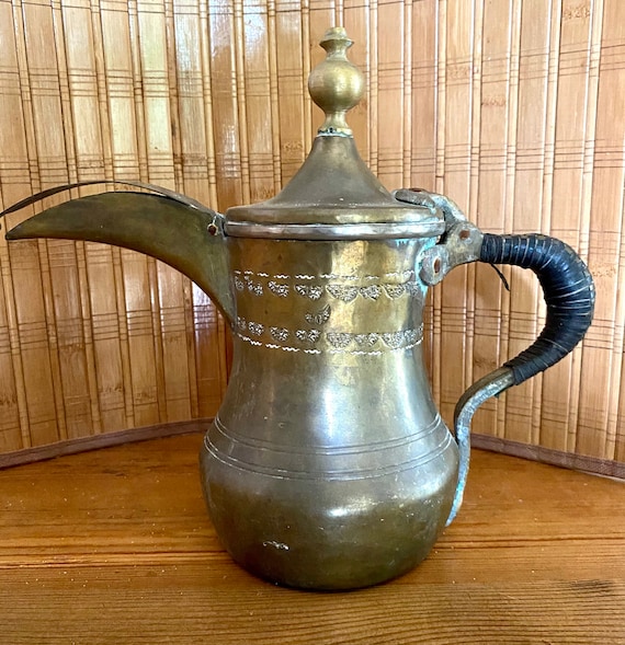 Large Antique Solid Brass Syrian Turkish Dallah, Exotic Brass