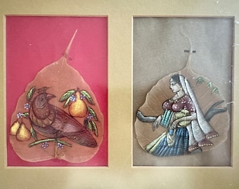 A Pair Of Vintage Peepal Leaf Paintings Peepal Tree Leaf Paintings in Antique Gold Gild Frame