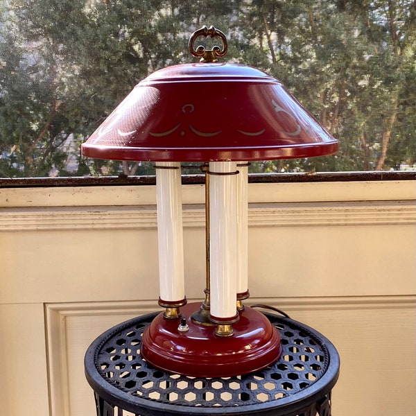 Vintage Bouillotte Maroon and Gold Toleware Desk Lamp Metal Tole Shade Colonial Mid Century Lamp