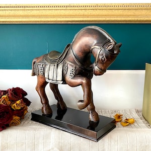 Vintage Horse Figurine, Horse in Ceremonial Dress, Dark Chocolate Brown Color Sculptured Horse on Pedestal Statue