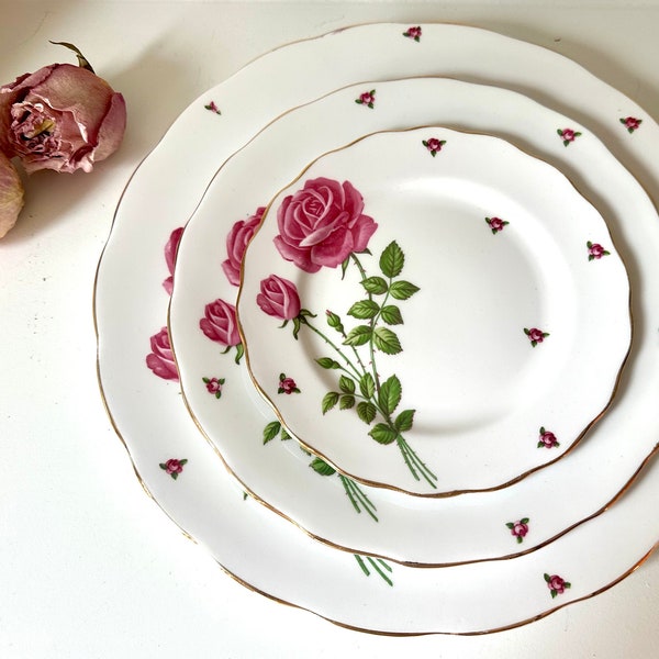 Vintage Colclough Dinner Set For 12 Made in England Fine Bone China Regal Rose Pattern Pink Roses And Rose Buds Rare Beautiful 50 Pieces