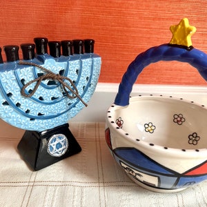 Vintage Hanukkah 2 Piece Set Includes: Ceramic Potpourri Menorah Hanukkiah, Ceramic Candy Or Nut Dish With Handle And Magen David