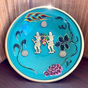Large Vintage Brass and Enamel Hand Painted Footed Bowl Tray Jewish Holiday Judaica Midcentury Israeli Decor