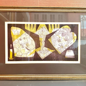 Grabado artístico original enmarcado de Amram Ebgi, firmado, hebreo judaico vintage