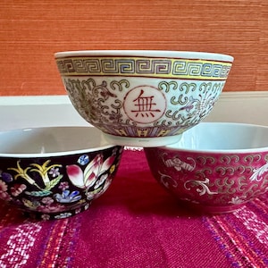 Vintage Famille Rose Porcelain Rice Bowls: Longevity Symbols, Set of 3