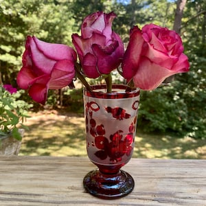 Antique Bohemian Ruby Red Crystal Small Vase Votive Candle Holder Cup Jug Glass Bohemian Cut to Clear Glass