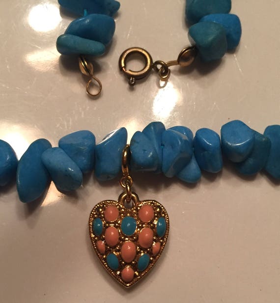 26" Genuine Turquoise Necklace With Gold Heart Pe… - image 2