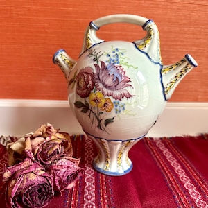 Carvalhinho Porto Signed and Numbered Ceramic Portugal Unusual Shape Water Jug  With A Handle And Double Spout Hand Painted Collectible