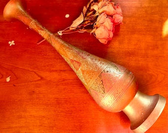 Tall Vintage Etched Brass Vase Made in India, Engraved Solid Brass Vase, Vintage Bohemian Decor, Rustic Asian Decor 18” Tall