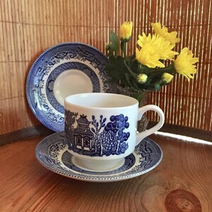 Vintage Churchill Blue Willow China Tea Cup and Two Saucers Set