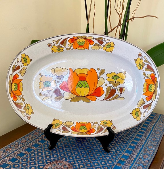 Midcentury Large Enamel Oval Platter Retro Flower Metal Tin With