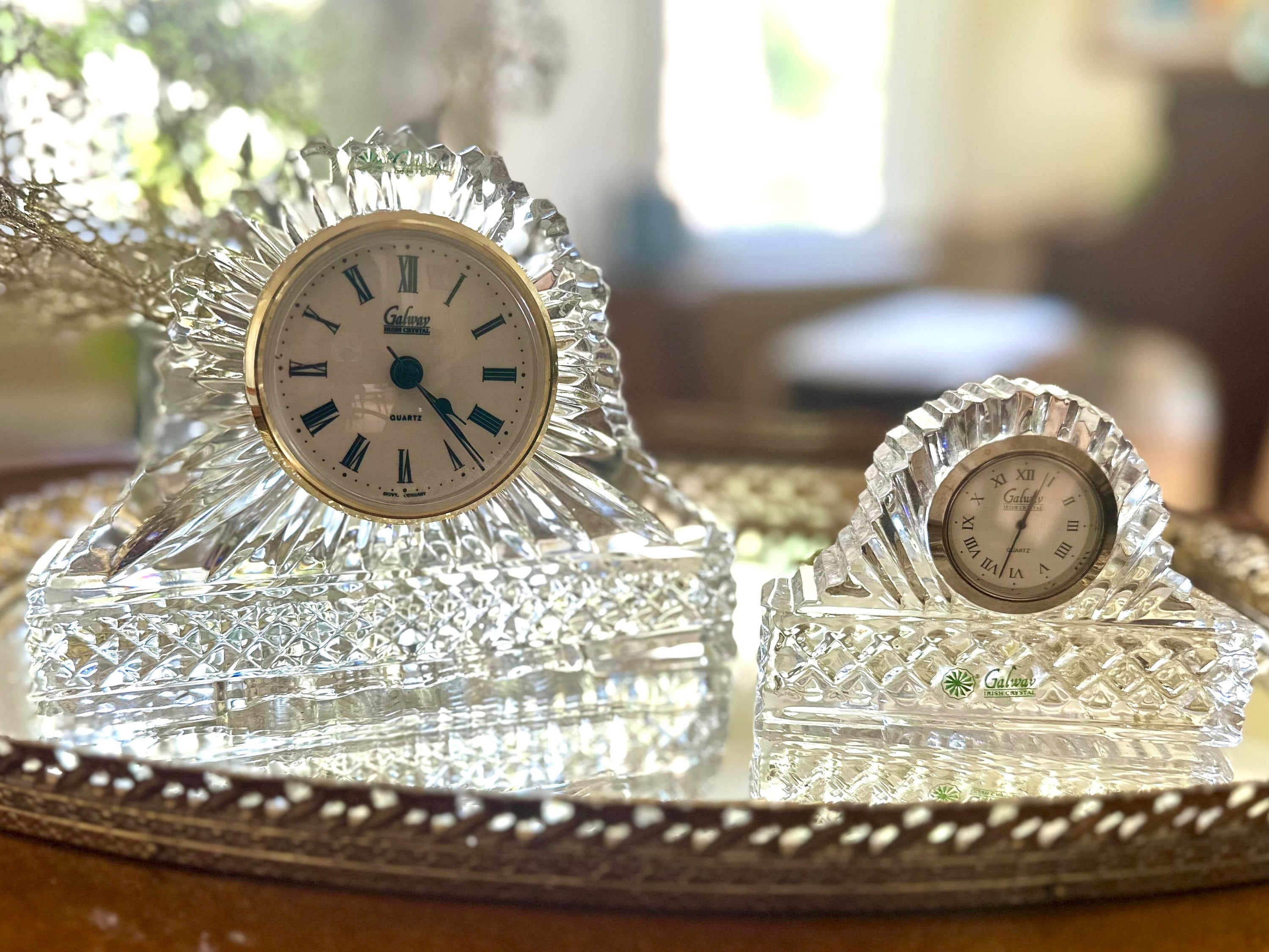 A Pair of Galway Miniature Mantel Vintage Quartz Clocks Crystal
