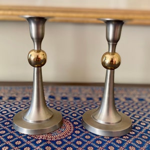 A Pair Of Pewter Candlesticks Gold Ball Accents Shabbat Candle Holders Vintage 7 1/8”