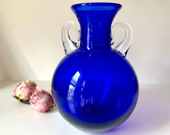 Vintage Blenko Vase Urn Cobalt Blue Glass Applied Clear Glass Handles Handmade Hand Blown Art Glass 8 3/8”