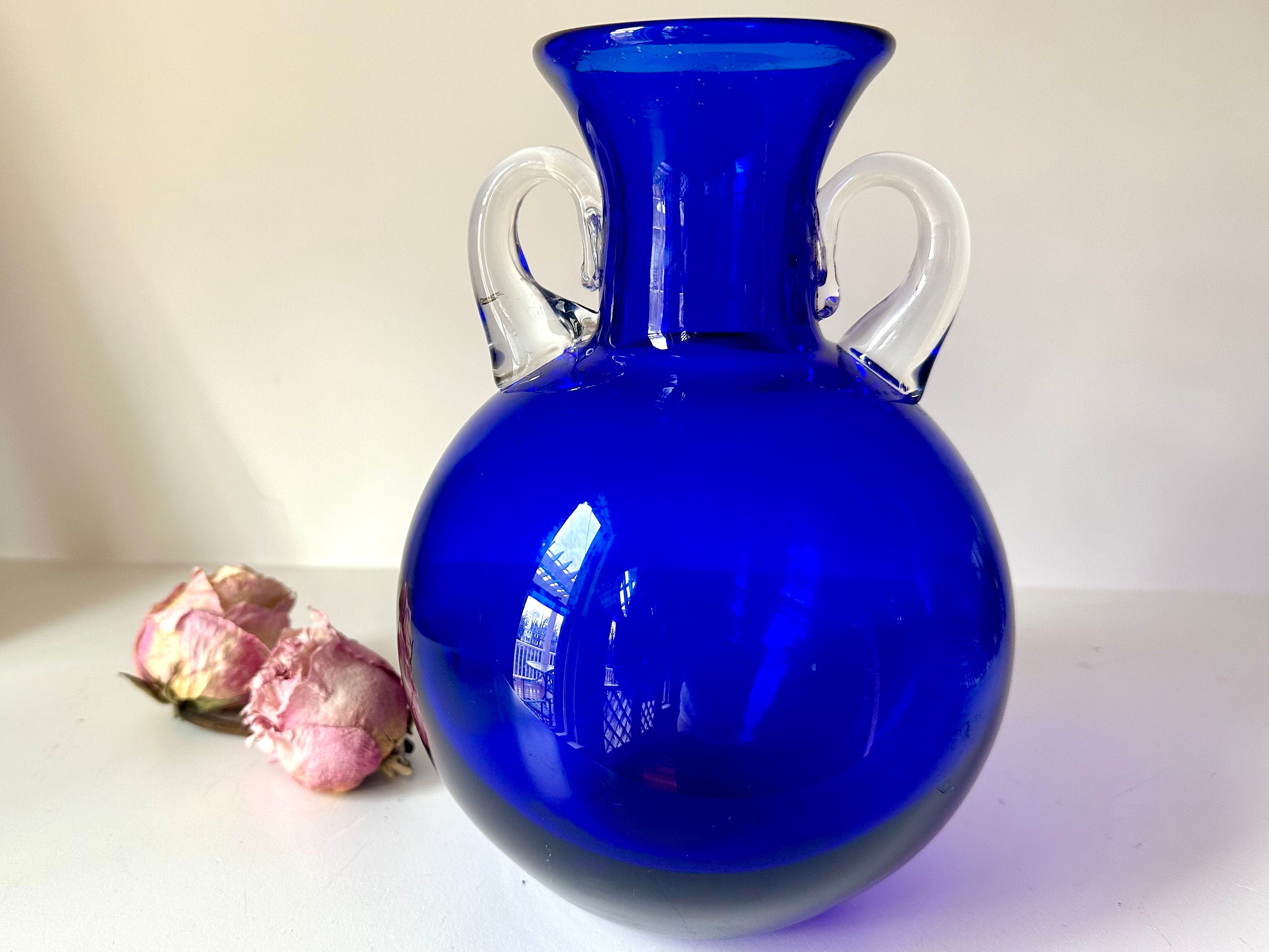 Vintage Blenko Vase Urn Cobalt Blue Glass Applied Clear Glass