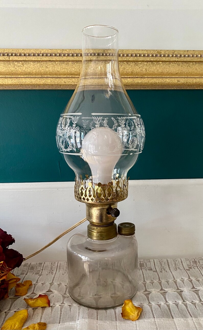 Antique Kerosine Oil Lamp Electrified Stenciled Chimney Etsy