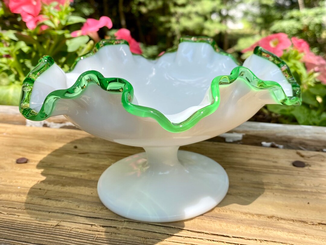 Lovely 1950s Fenton Footed Candy Dish Milk Glass Green Ruffle Edge Emerald Crest Etsy