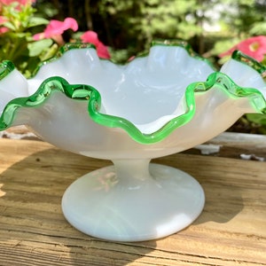 Lovely 1950s Fenton Footed Candy Dish Milk Glass Green Ruffle Edge Emerald Crest
