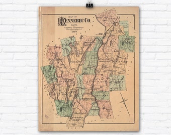 Vintage 1879 Kennebec County Maine Map Reprint