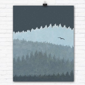 Nighttime Forest Under Starry Night with Black Skimmer Bird Graphic Art Illustration