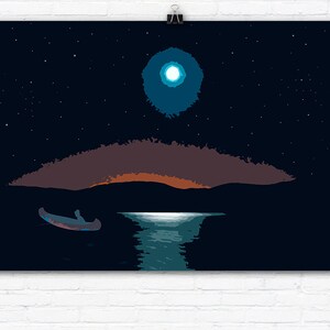 Nighttime Fishing Under the Stars Graphic Art Illustration