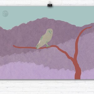 Barn Owl on Tree Branch under Full Moon Graphic Art Illustration