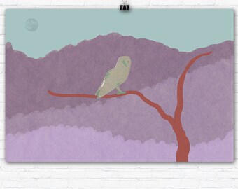 Barn Owl on Tree Branch under Full Moon Graphic Art Illustration