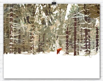 Red Fox in Winter Forest Graphic Art Illustration