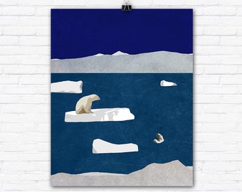 Polar Bears Swimming in Arctic Sea with Icebergs Graphic Art Illustration