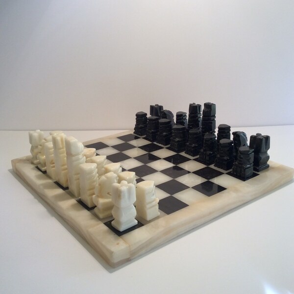 Vintage Handcarved Marble and Onyx Mayan Aztec Chess Set