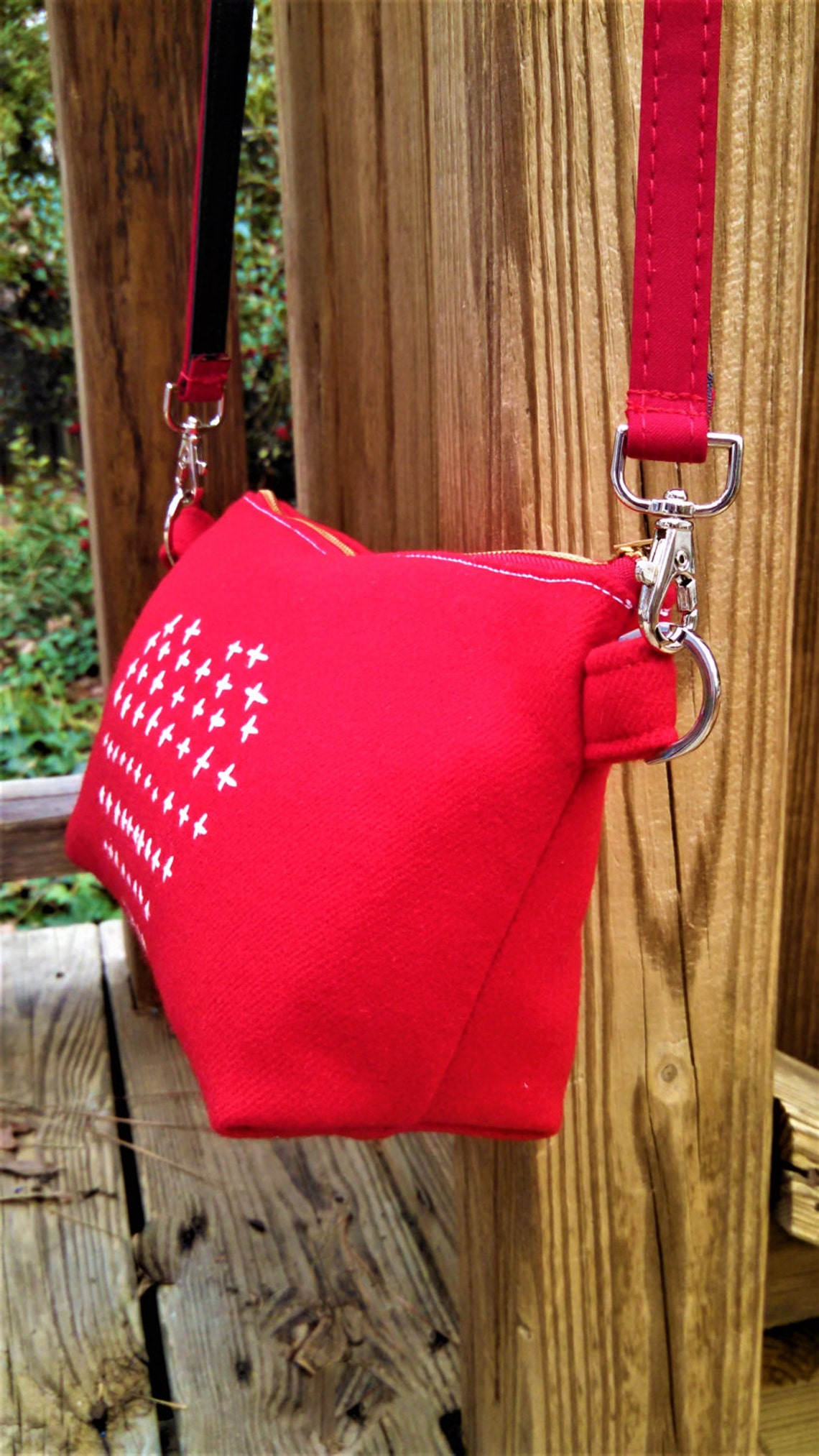Red Wool Zip Top Purse is Accented With White Embroidery in a Heart