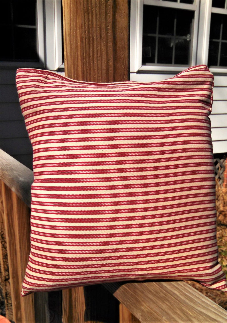 This Deep Red Ticking Stripe Pillow Has a Front Panel of Etsy
