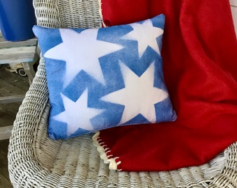 Unique blue and white painted stars pillow with removable poly fill pillow insert, 15” x 14”