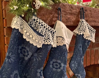 Navy blue jacquard fabric stockings with vintage lace cuffs