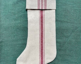 Farmhouse Christmas. Rustic natural linen with red stripes Christmas stockings, size medium and large