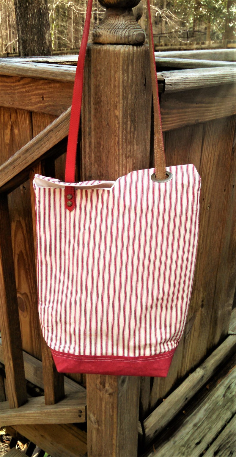 This Crimson and Cream Ticking Stripe Tote Bag Has a Kraft Tex Base and ...