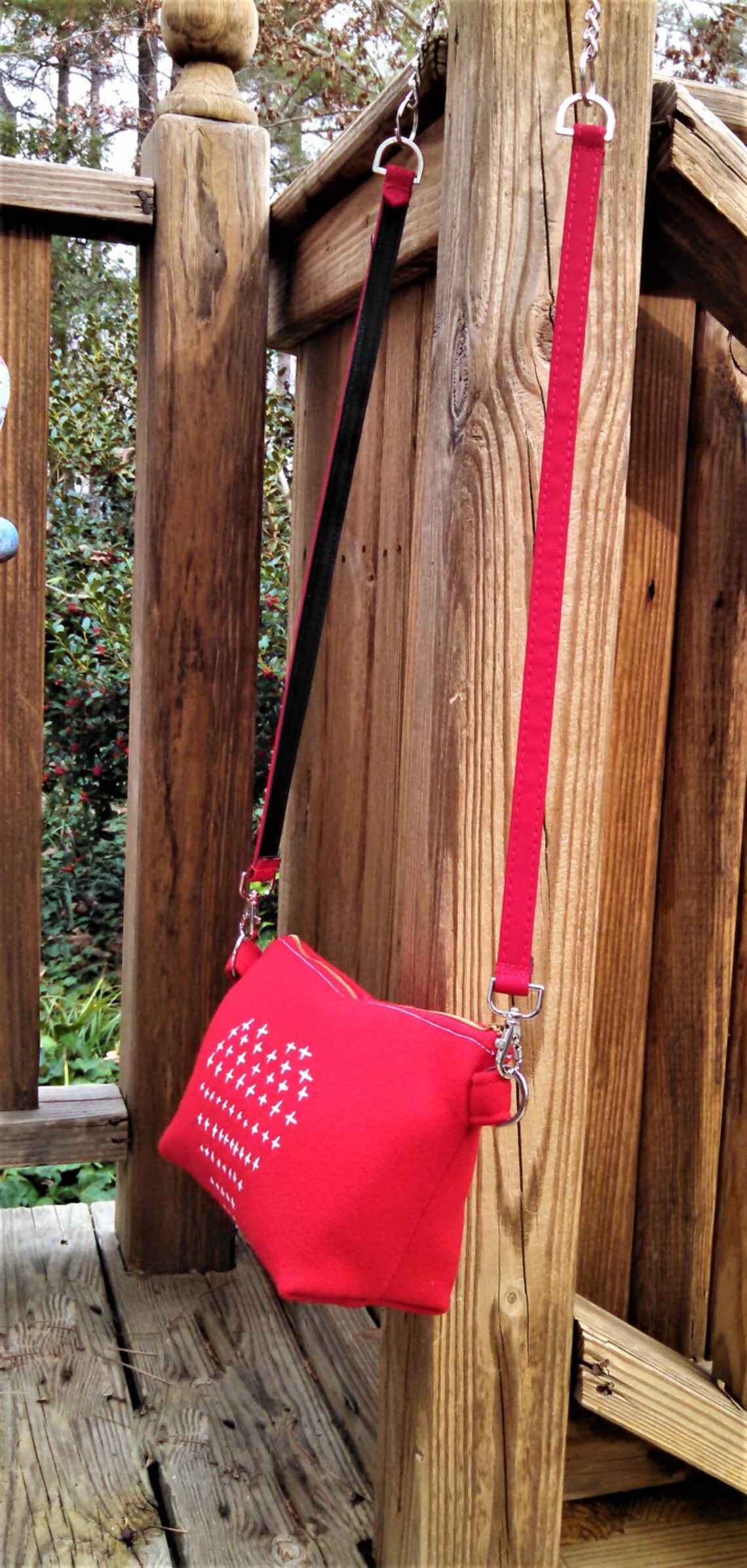 Red Wool Zip Top Purse is Accented With White Embroidery in a Heart