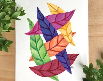 Colorful Leaf Art Painting / Autumn Nature Leaves / Red Pink Purple Orange / Original Gouache and Ink on Paper